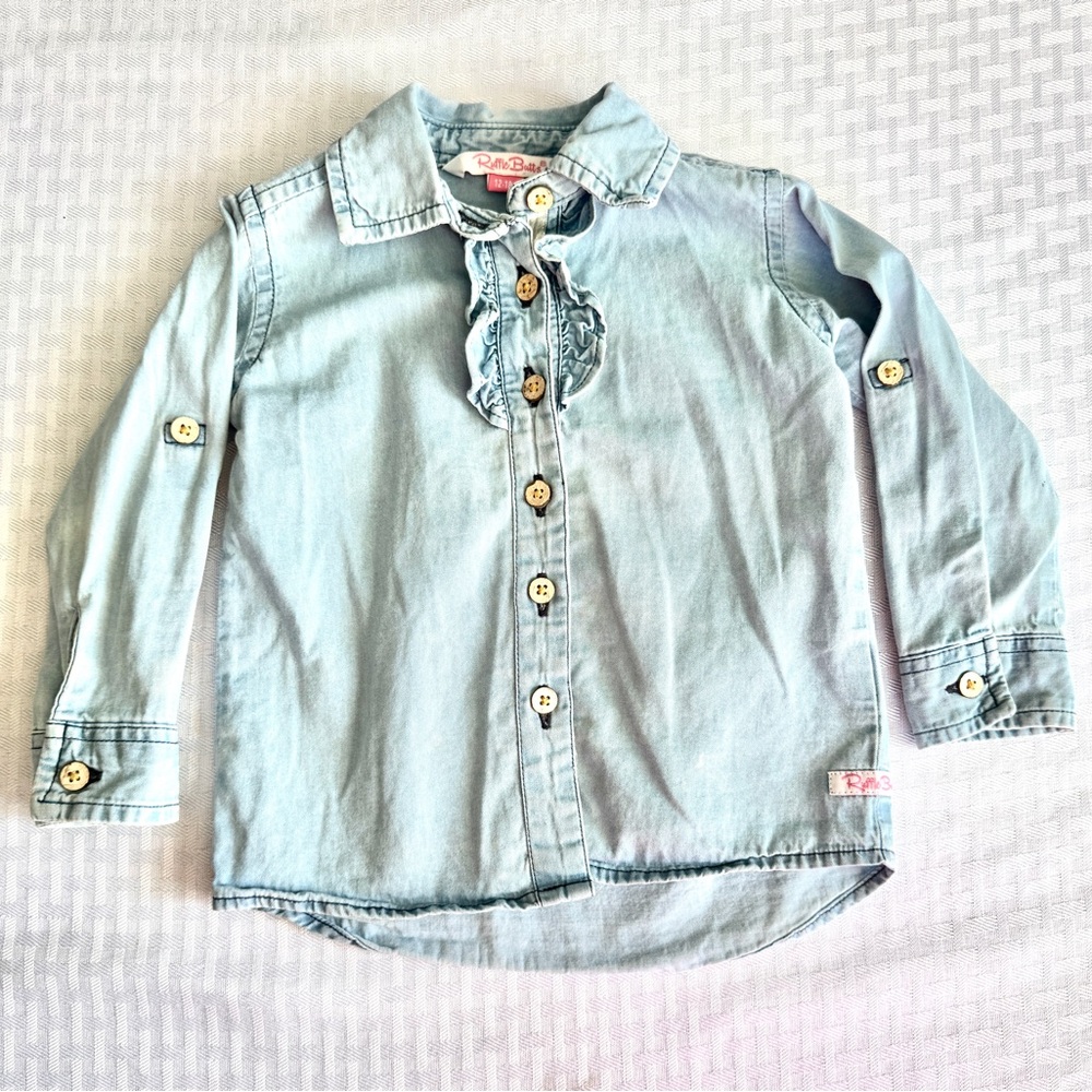 RuffleButts Chambray Button Down Shirt with Ruffle Trim 12–18M‎